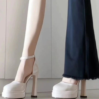 Viva | Waterproof Platform High Heels – 11cm White Patent Leather Buckle Sandals