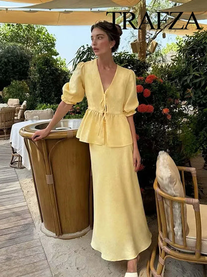 Puff Sleeve Lace-up Top & Fishtail Midi Skirt Set – French Style Elegant Suit