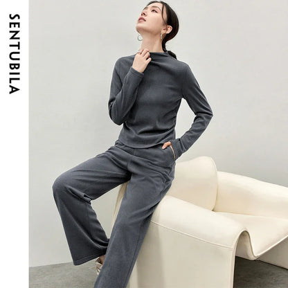 Irregular High Collar Top & Straight Pants Set – Knit Two Piece