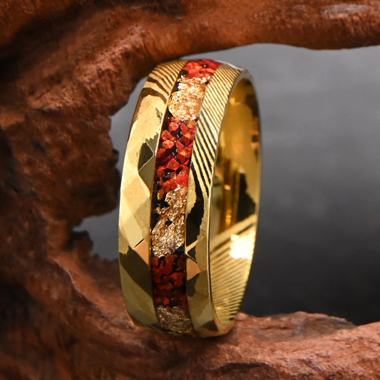 18K Gold Plated Damascus Ring – Red Opal Inlay 8mm Band
