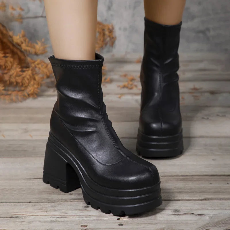 LuxeZip | Square Toe Leather Short Boots – Casual Thick Sole