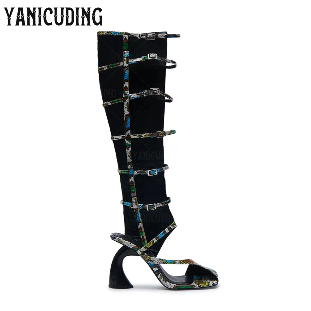 CurveStep | Asymmetrical Gladiator Sandal Boots – Glossy Snakeskin