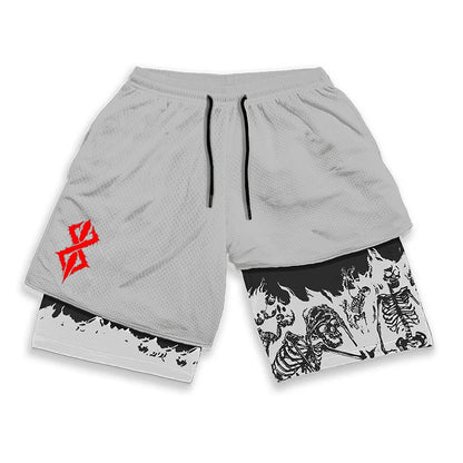 Berserk Skull Print 2-in-1 Running Shorts – Stretch, Quick Dry with Pockets