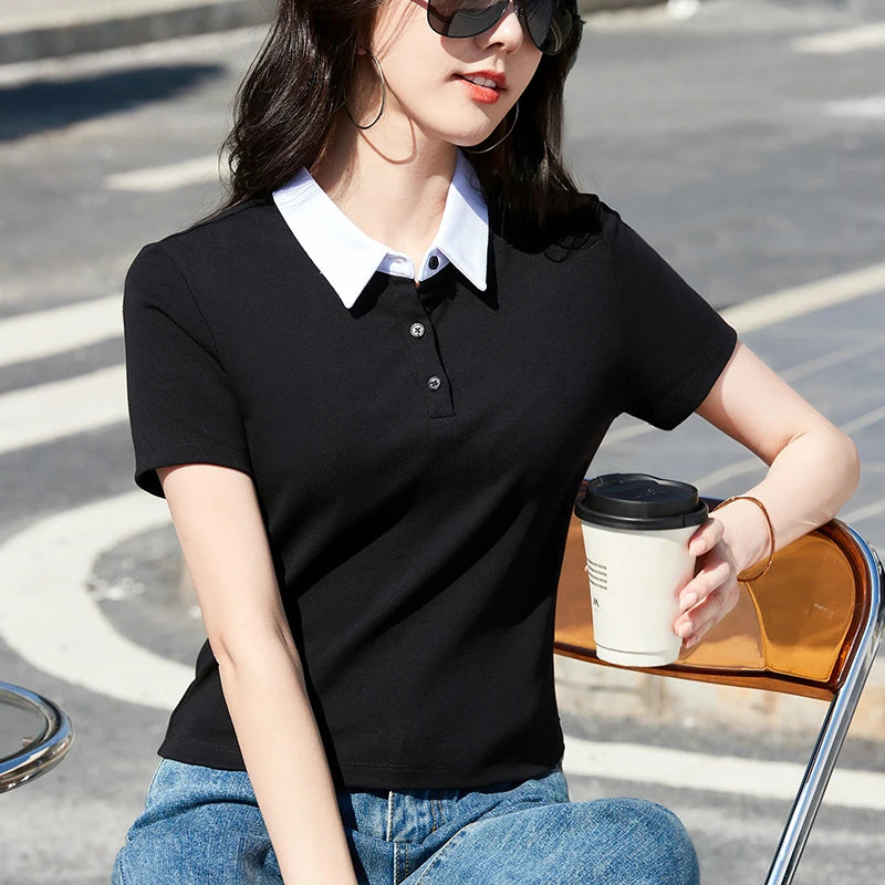 Slim Fit Polo T-shirt — Solid Color Short Style Top