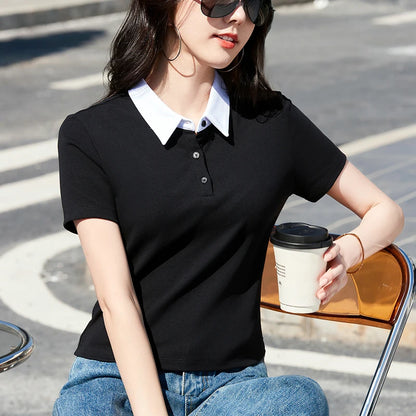 Slim Fit Polo T-shirt — Solid Color Short Style Top