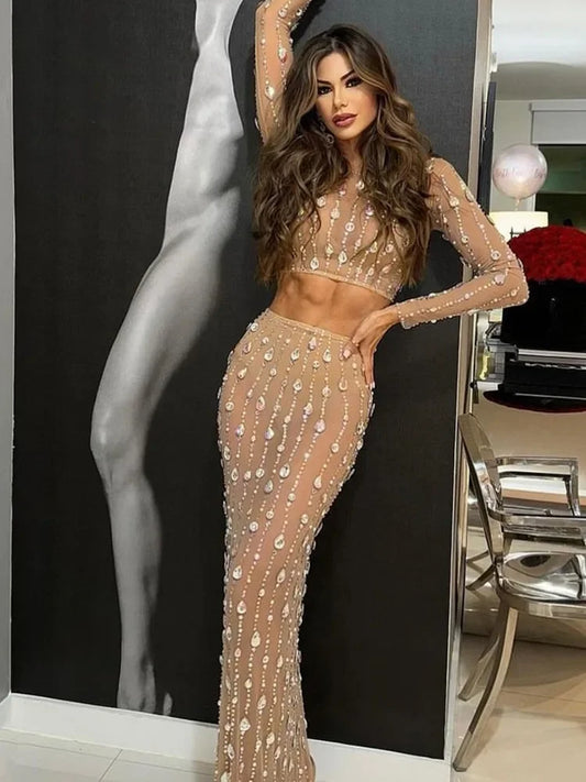 Rhinestone Mesh Top & Skirt Gala Set