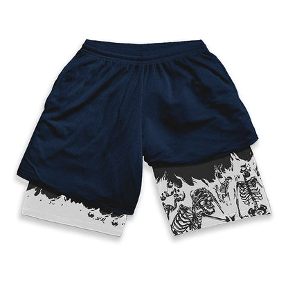 Berserk Skull Print 2-in-1 Running Shorts – Stretch, Quick Dry with Pockets