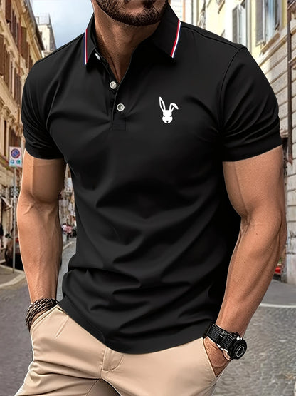 Signature Rabbit Logo Polo – Elegant Striped Lapel, Lightweight Fabric