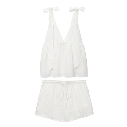 V-Neck Backless Sleeveless Top & Drawstring Slim Shorts Set – Chic Two Piece