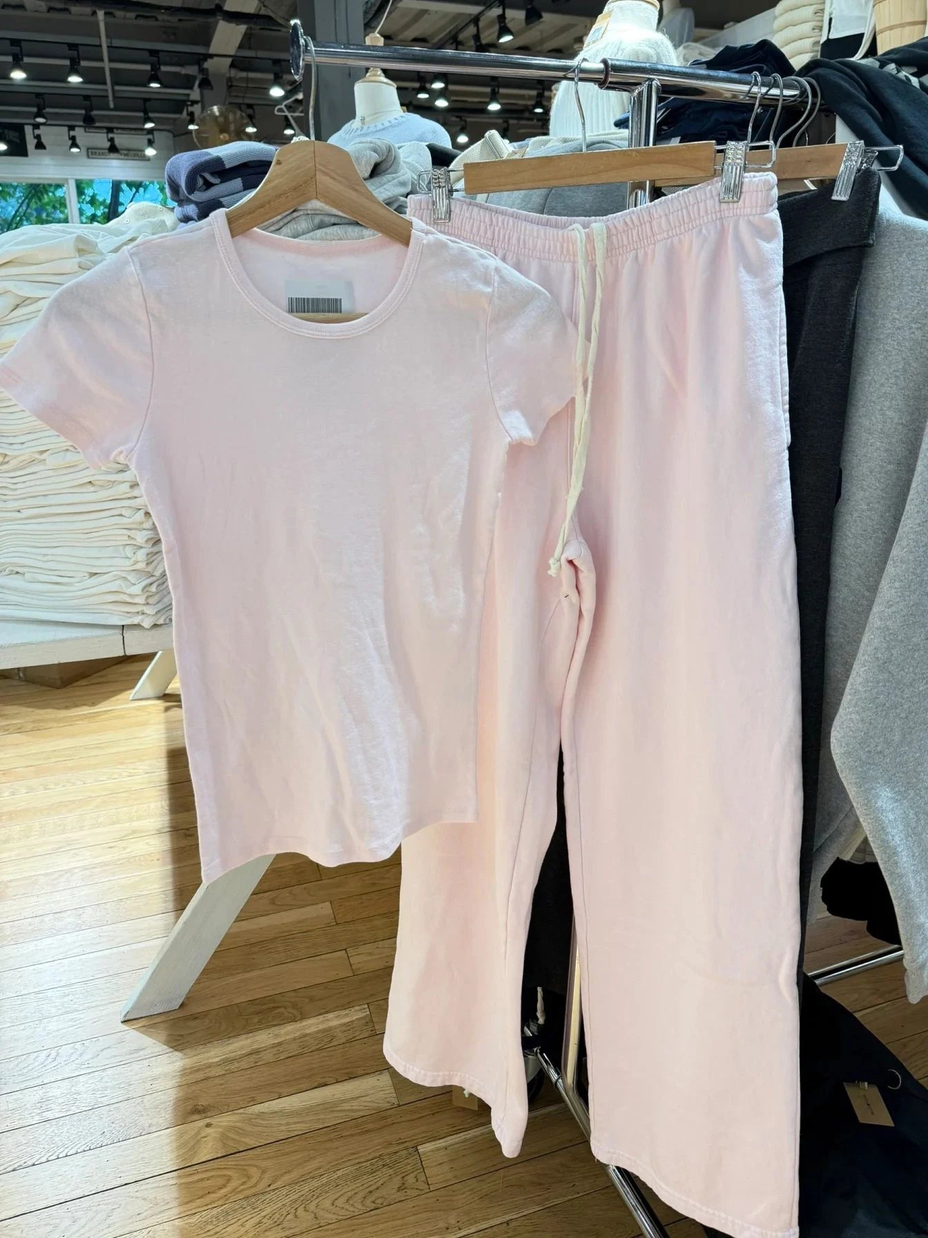 Pink Cotton O-neck T-shirt & Drawstring Sweatpants Set – Slim Fit Two Piece