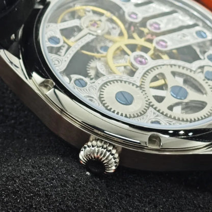 Custom Pilot Watch – 44mm Skeleton Movement, Hollow Mechanical Design