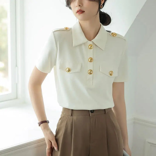 Button Spliced Polo Top — Casual Summer Slim Tee