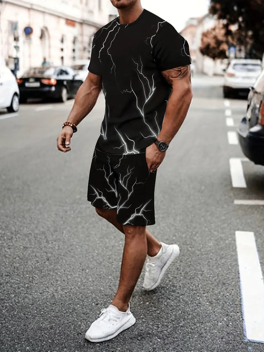 3D Lightning Print Tee & Shorts Set – Street Casual