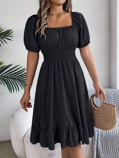 Casual Midi Dress — Square Neck, Short Sleeve, Waist Ruffle Edge