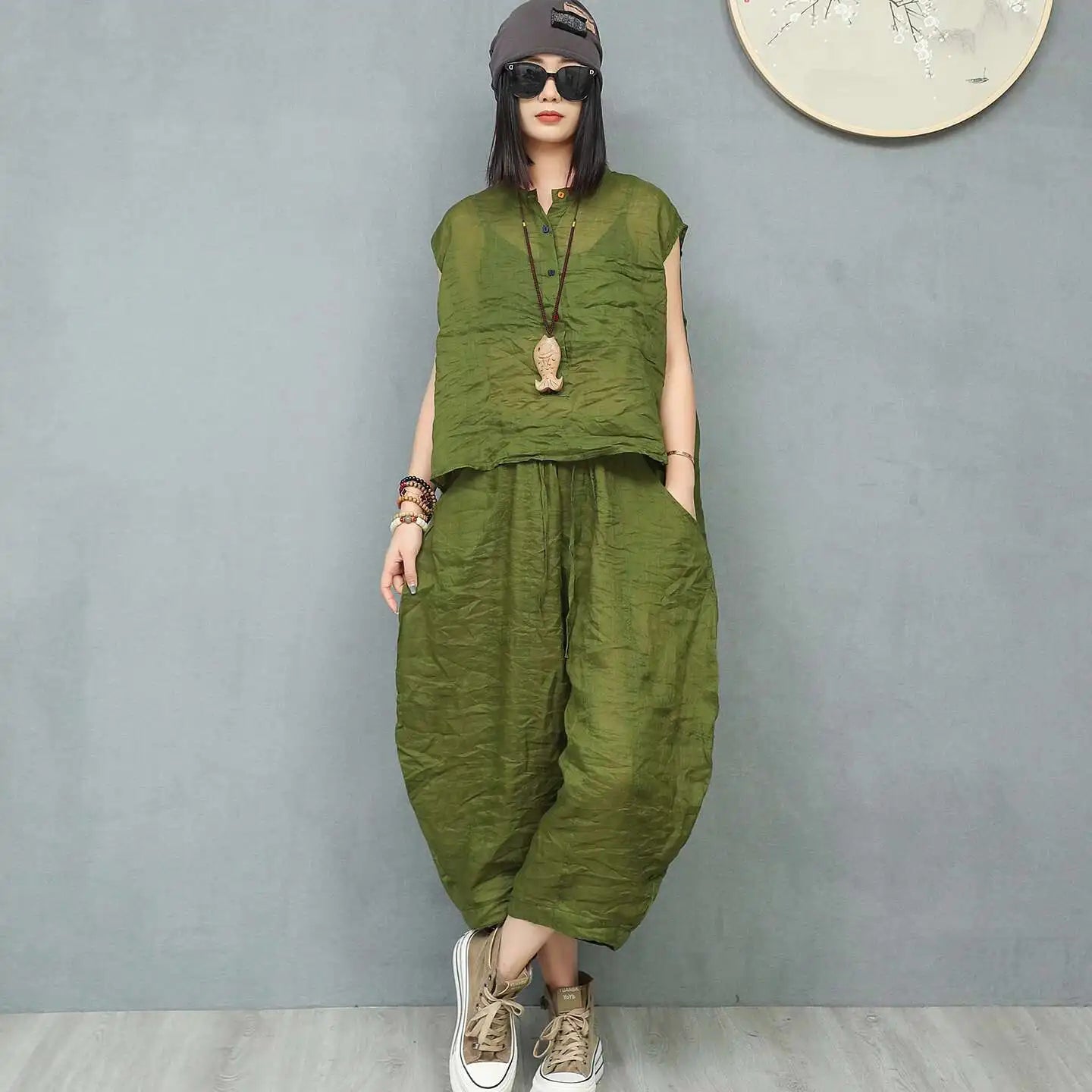 Ramie Asymmetric Top & Pumpkin Pants Set – Lightweight Loose Two Piece