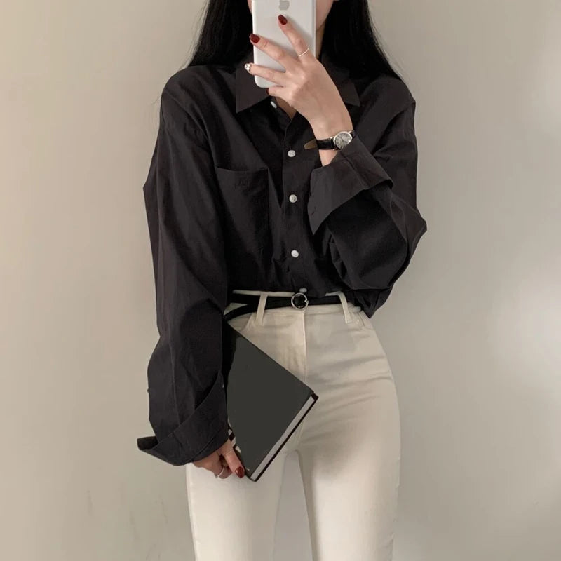 Lace Detail Blouse — Long Sleeve, Button Collar, White
