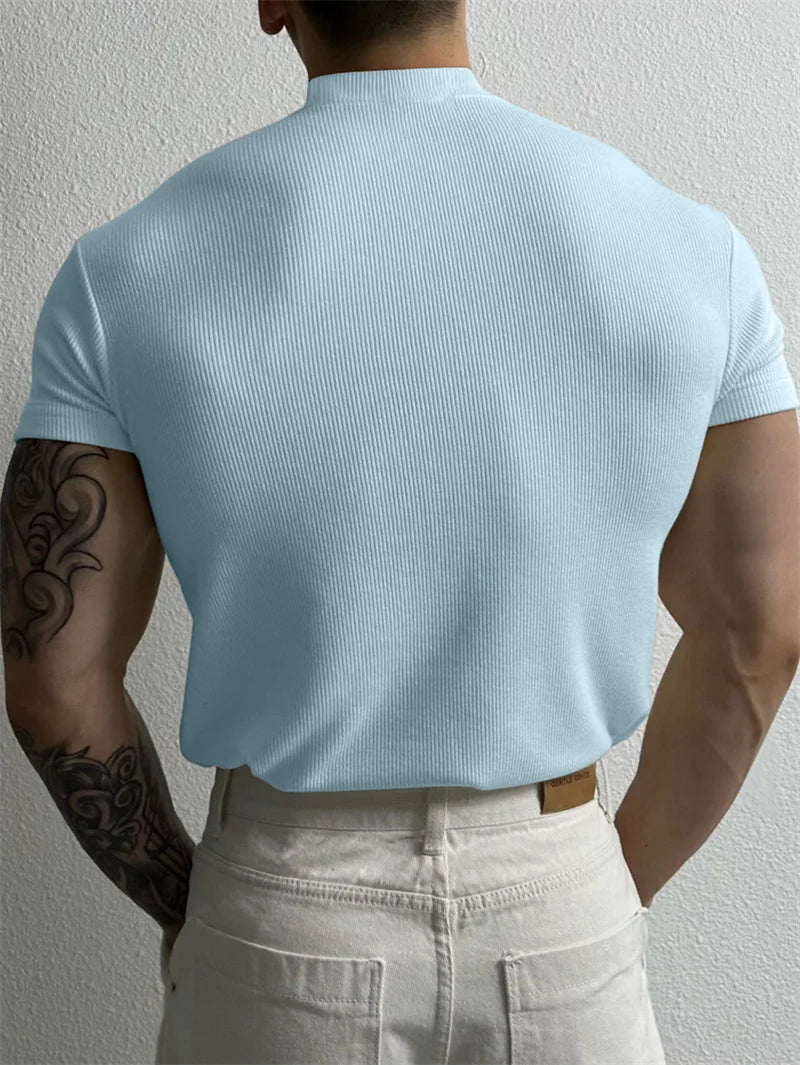 High Collar Stripe Fitness T-Shirt – Short Sleeve Sport & Leisure Top
