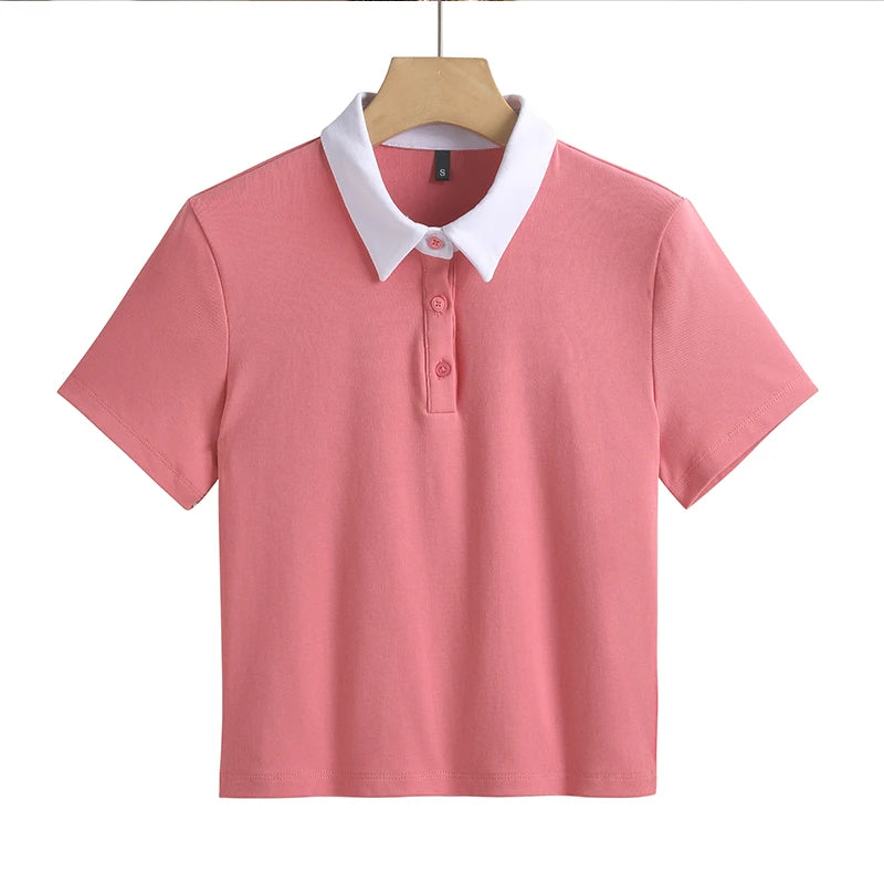 Slim Fit Polo T-shirt — Solid Color Short Style Top