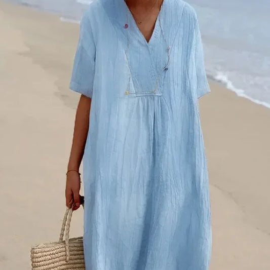 Casual Boho Beach Dress — Solid O-Neck Short Sleeve A-Line Mini
