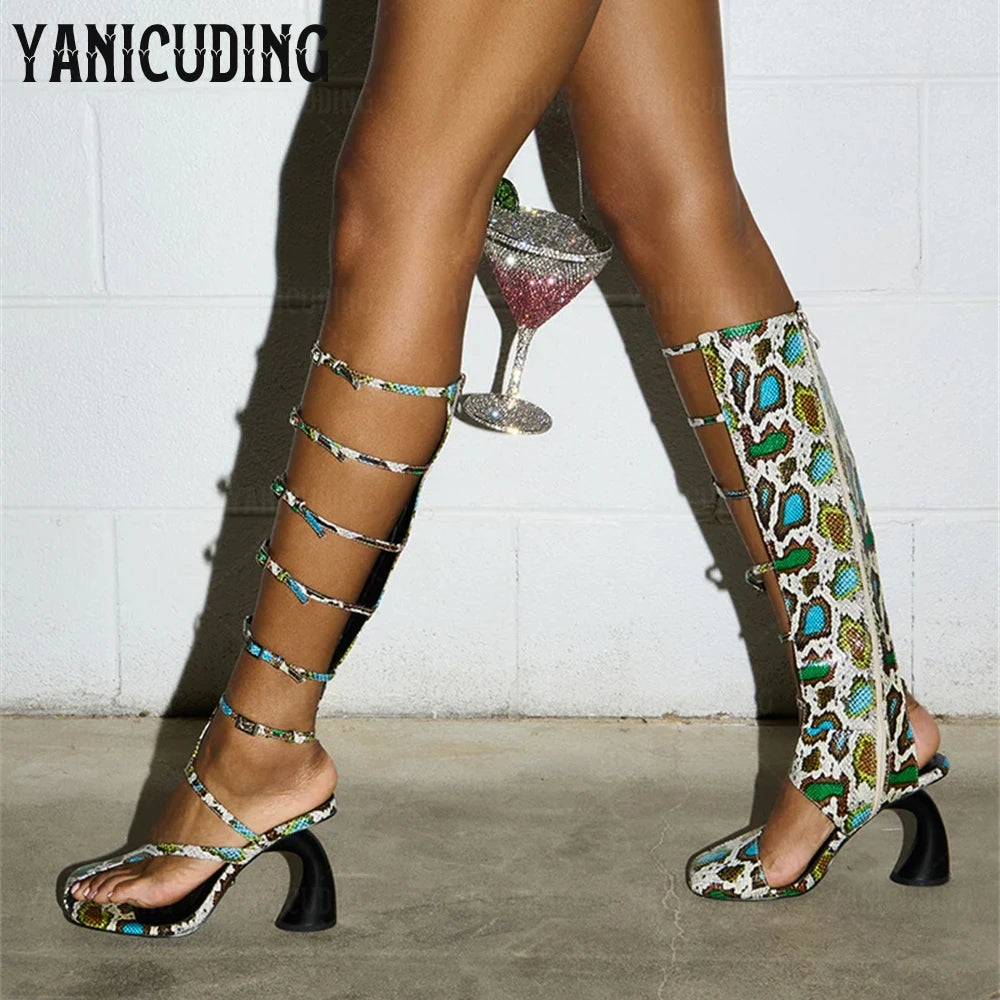 CurveStep | Asymmetrical Gladiator Sandal Boots – Glossy Snakeskin