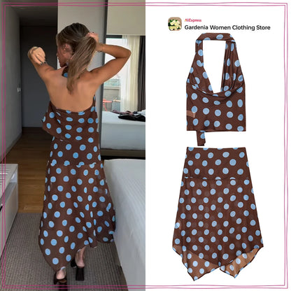 Polka Dot Halter Top & Asymmetric Skirt Set – Stylish Vacation Two Piece