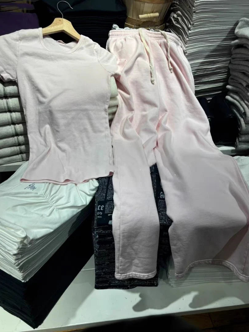 Pink Cotton O-neck T-shirt & Drawstring Sweatpants Set – Slim Fit Two Piece