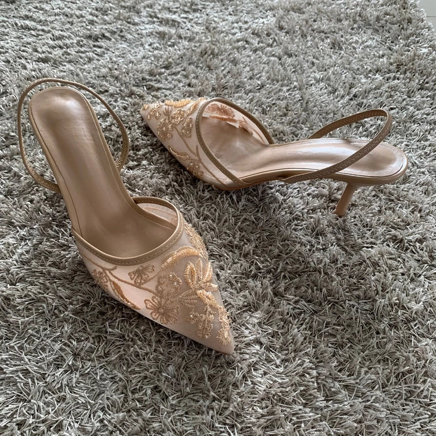 LaceGlow | Mesh Embroidered Heeled Mules – Beaded Pointed Toe Slingbacks