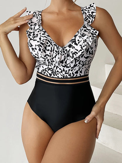 Leopard Ruffle V-Neck Swimsuit