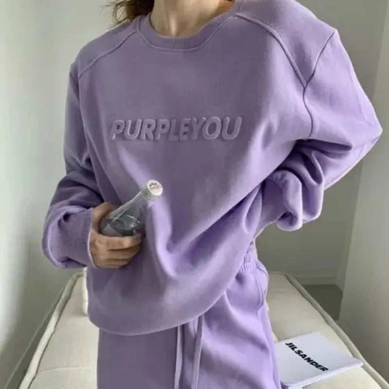 Purple Sports Suit – Loose Long Sleeve Sweater & Pants Set