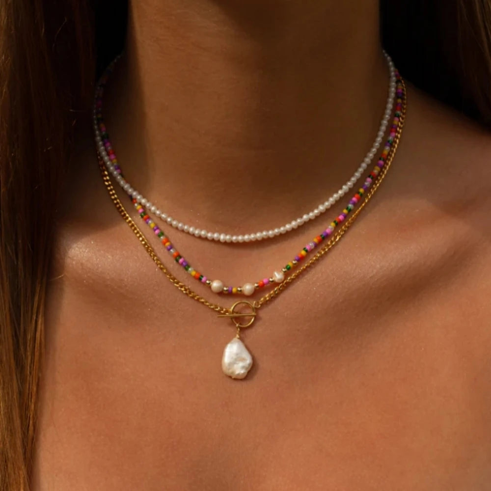 Boho Crystal Pendant Necklace – Handmade Layered Chain Jewelry