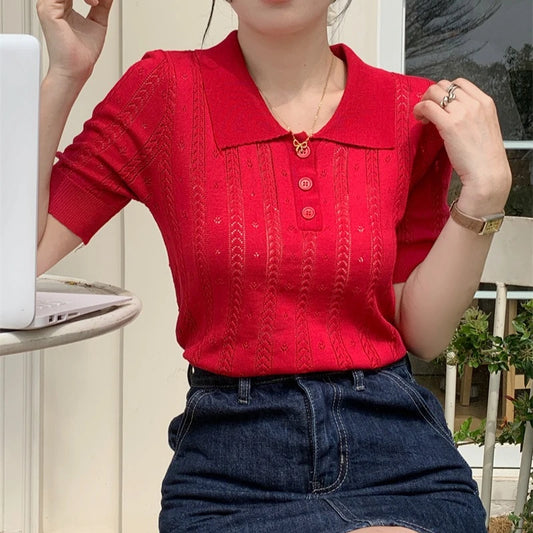 Hollow Out Polo Knit — Slim Fit Summer Short Sleeve