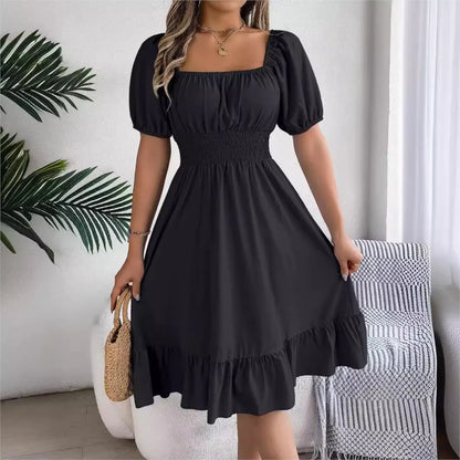 Casual Midi Dress — Square Neck, Short Sleeve, Waist Ruffle Edge