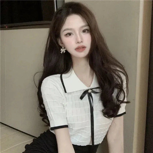 Bow Tie Polo Top — Sweet Detail Knit T-shirt