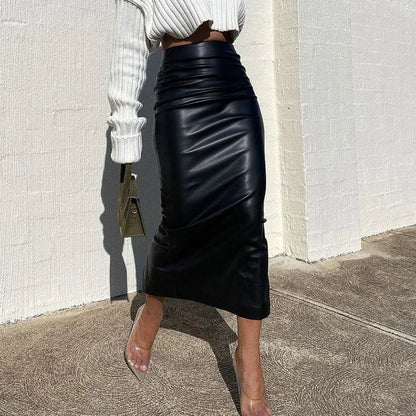 Ruched PU Leather Midi Skirt — Office Elegant Look