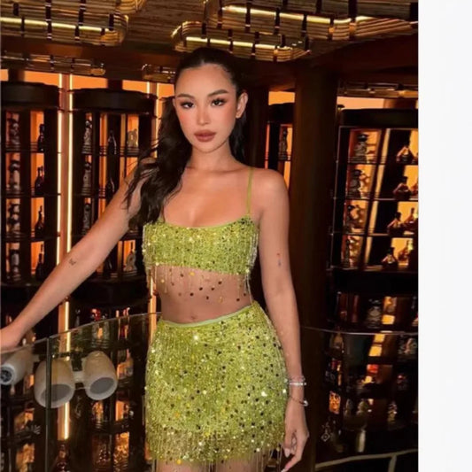 Tassel Sequin Halter Top & Mini Skirt