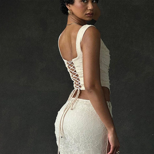 Lace Two Piece Set – Irregular Long Skirt & Corset Top Dress