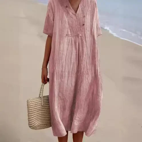 Casual Boho Beach Dress — Solid O-Neck Short Sleeve A-Line Mini