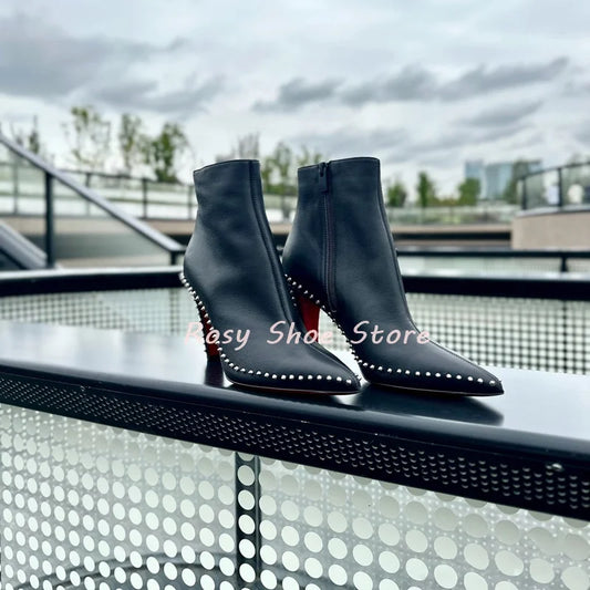SpikeEdge | Black Leather Silver Stud Short Boots – Side Zip Ankle