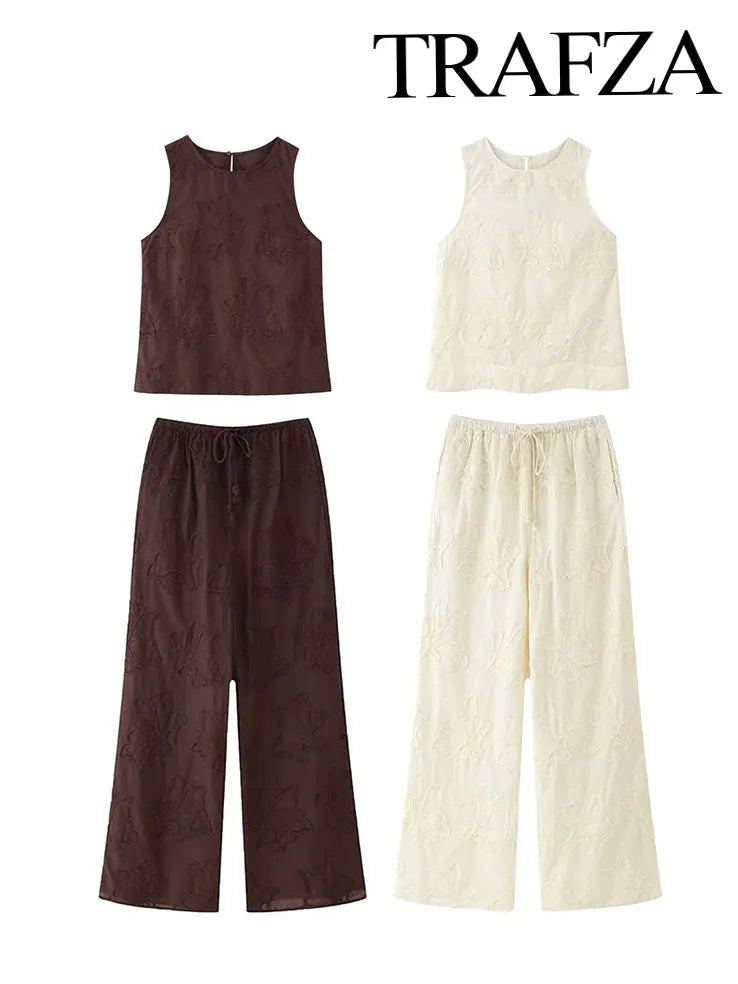 Embroidered Retro Set – Lace-up Vest & Summer Trousers