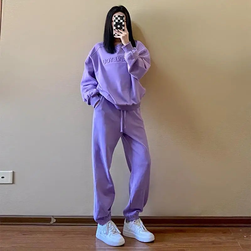 Purple Sports Suit – Loose Long Sleeve Sweater & Pants Set