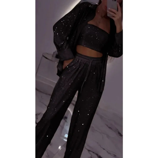 Sequin Shirt & Wide-Leg Trousers Set