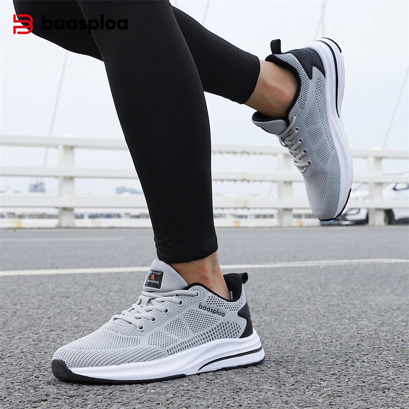 Baasploa Men Running Shoes New Mesh Breathable Casual Sneakers Male Lace-Up Comfort Lightweight Sport Shoes Non-Slip Outdoor