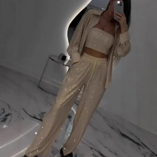 Sequin Shirt & Wide-Leg Trousers Set