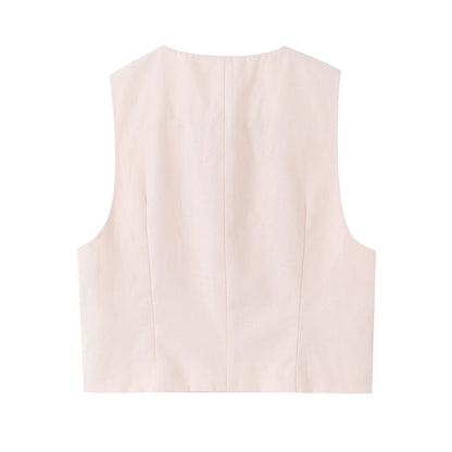 Chic Vest & Pants Suit – Casual V-neck Crop Top + Wide-leg Elastic Waist Pants