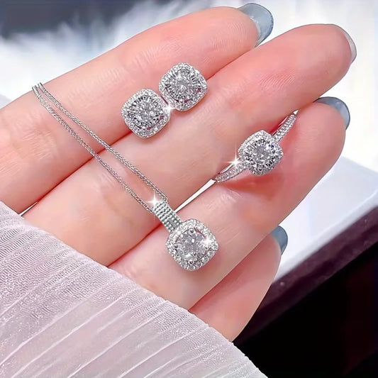 Geometric Square Zircon Set – 3-Piece Elegance