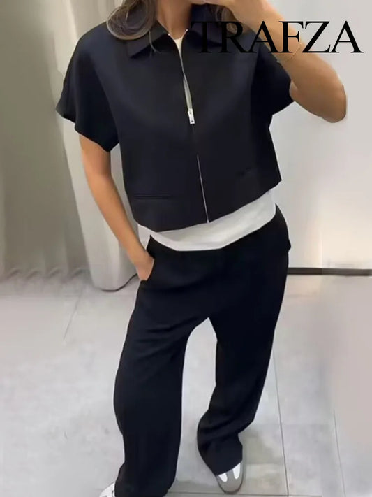 Lapel Short Coat & Wide-Leg Pants