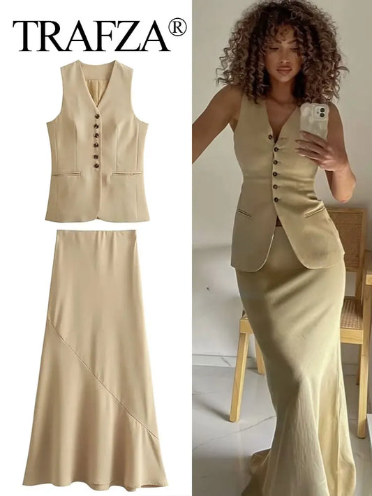Khaki Vest & High Waist Asymmetrical Skirt Set – Stylish Two Piece