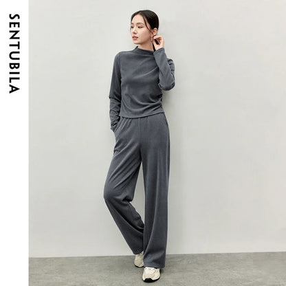 Irregular High Collar Top & Straight Pants Set – Knit Two Piece