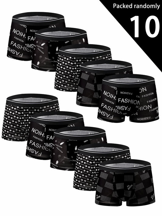 10-Pack Mixed Style Ice Silk Boxer Briefs – Breathable Letter Print Spring/Summer