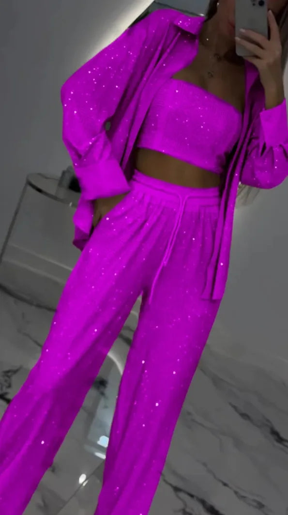 Sequin Shirt & Wide-Leg Trousers Set